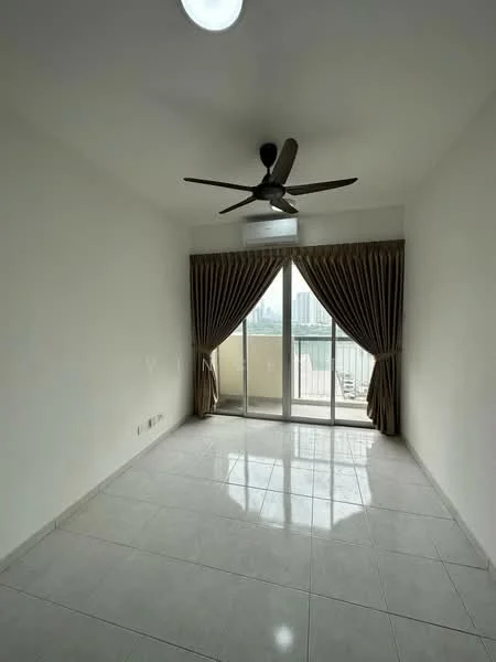Room features: white painted walls, glossy ceramic tile flooring, 5-blade ceiling fan with light, floor-to-ceiling sliding glass door, sheer curtains, balcony access, natural light from windows, neutral color scheme; style: modern; view: city.