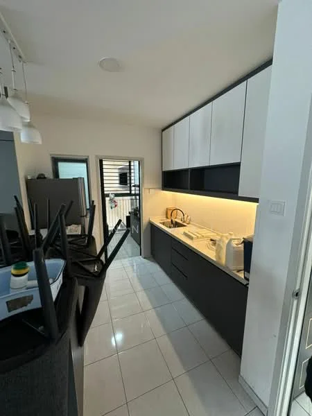 Kitchen features: white upper cabinets, black lower cabinets, marble countertop, single-bowl stainless-steel sink, chrome pull-down faucet, built-in oven, stainless-steel kettle, ceramic tile flooring, recessed LED downlights, open shelving, backlit countertop, kitchen island with seating, window with blinds; style: modern.