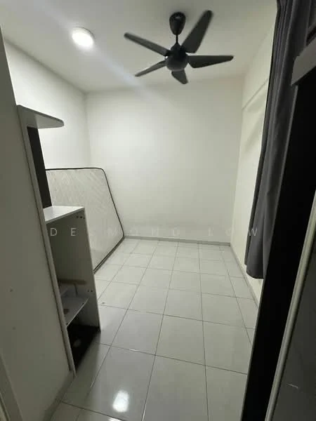 Room features: white painted walls, glossy tile flooring, ceiling fan, window with curtain, mattress leaning against the wall, built-in shelving unit.