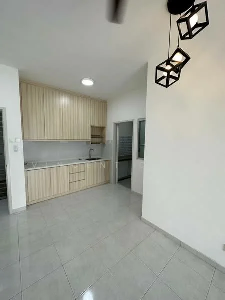 Kitchen features: light wood cabinetry, single-bowl stainless-steel sink, chrome pull-down faucet, grey ceramic tile flooring, recessed downlights, pendant light fixture, white walls, window with grid pattern; style: modern.
