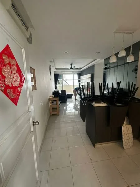 Room features: white painted walls, glossy tile flooring, ceiling with recessed lighting, 5-blade ceiling fan, large window with natural light, black cabinetry, kitchen island, stacked chairs, wooden side table, decorative wall art, open layout; style: modern.