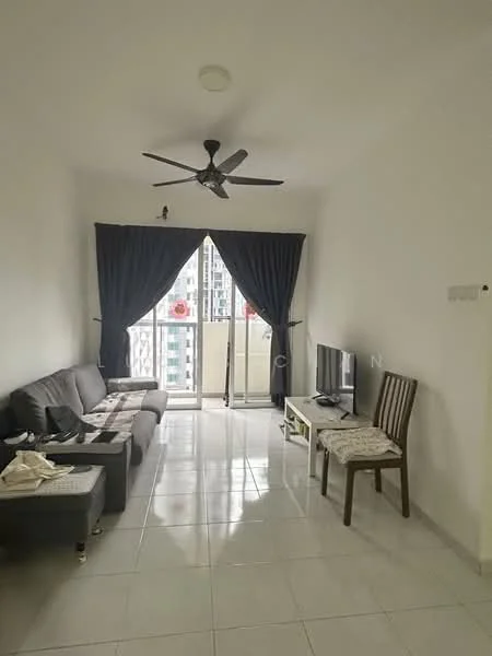 Living features: 3-seater fabric sofa in grey, 2-seater fabric sofa in grey, coffee table, TV console, wall-mounted TV, ceiling fan, white painted walls, glossy tile flooring, floor-to-ceiling windows with sheer curtains, decorative wall art, area rug, wooden dining chair; style: modern; view: city.
