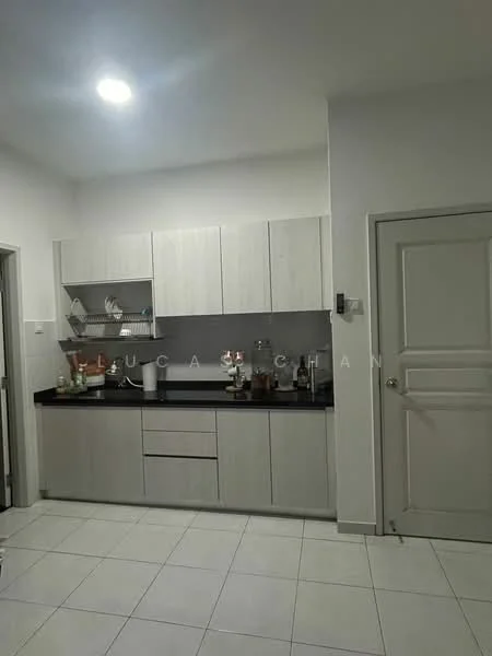 Kitchen features: white shaker cabinets, black granite countertop, single-bowl stainless-steel sink, chrome pull-down faucet, built-in oven, freestanding range oven, white tiled backsplash, ceramic tile flooring, recessed downlights, open shelving, kitchen utensils on countertop, glass-front upper cabinets; style: modern.