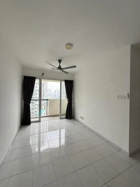 Living features: white painted walls, glossy white tile flooring, 5-blade ceiling fan with light, floor-to-ceiling sliding glass door, blackout curtains, city view, recessed lighting; style: modern; view: city.
