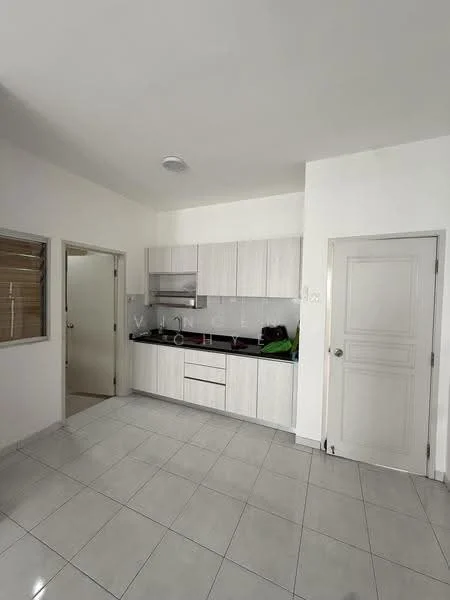 Kitchen features: white laminate cabinetry, black countertop, stainless-steel sink, chrome pull-down faucet, built-in oven, stainless-steel range hood, 4-burner gas hob, ceramic tile flooring, white painted walls, window with horizontal blinds, light fixture on ceiling; style: modern. Room features: white painted walls, door leading to another room.