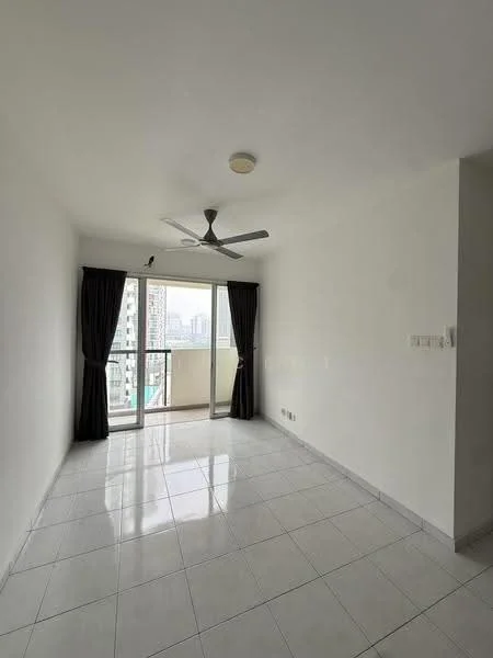 Living features: white painted walls, glossy white tile flooring, 5-blade ceiling fan with light, floor-to-ceiling sliding glass door, blackout curtains, city view, recessed ceiling lights; style: modern; view: city.
