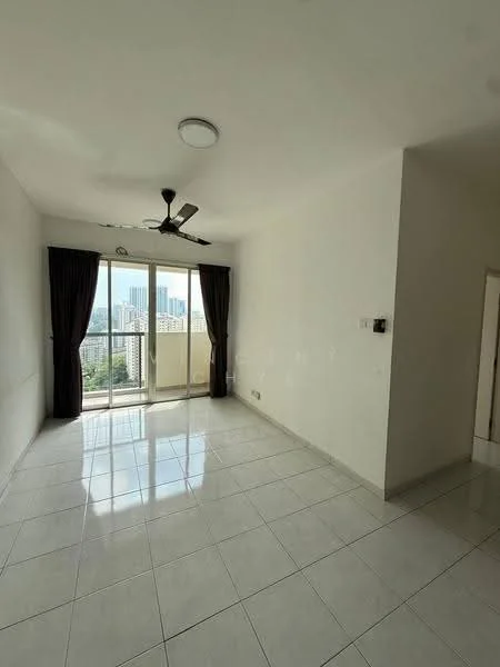 Living features: white painted walls, glossy white tile flooring, 5-blade ceiling fan with light, floor-to-ceiling sliding glass door, blackout curtains, city view, recessed ceiling lights; style: modern; view: city.