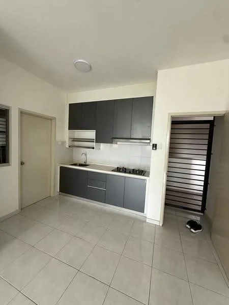 Kitchen features: grey cabinetry, white countertop, single-bowl stainless-steel sink, chrome pull-down faucet, 4-burner gas hob, white tiled backsplash, ceramic tile flooring, recessed ceiling lights; style: modern. Room features: white painted walls, doorway leading to another room.