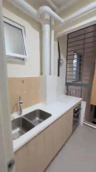Kitchen features: double-bowl stainless-steel sink, chrome pull-down faucet, light-colored laminate countertop, wood cabinetry, window with security bars, neutral wall color, tile flooring, exposed plumbing, open shelving; style: modern.