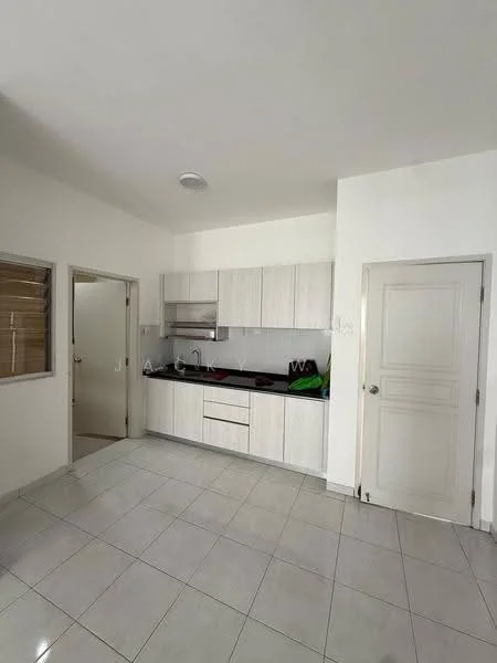 Kitchen features: white laminate cabinetry, black countertop, stainless-steel sink, built-in oven, 4-burner gas hob, exhaust hood, ceramic tile flooring, wall-mounted cabinets, window with wooden blinds, light fixture on ceiling; style: modern. Room features: white painted walls, door to adjacent room, door to hallway.