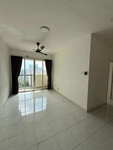 Living features: white painted walls, glossy ceramic tile flooring, 5-blade ceiling fan with light, floor-to-ceiling windows, sliding glass door, blackout curtains, city view, recessed lighting; style: modern; view: city.