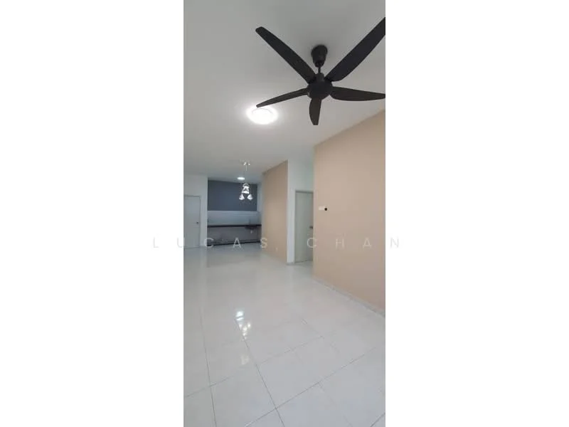 Room features: white tiled flooring, cream painted walls, ceiling fan, recessed ceiling lights, doorway to adjacent rooms, open layout, wall-mounted light fixture; style: modern.
