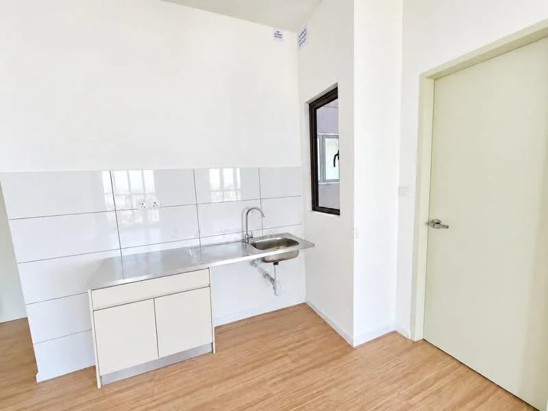 Kitchen features: stainless-steel sink, chrome pull-down faucet, white cabinetry, laminate countertop, white tiled backsplash, wood laminate flooring, window with view, light-colored walls, door leading to another room; style: modern.
