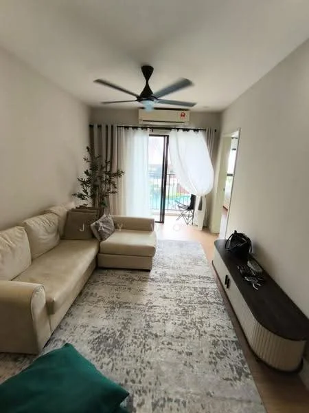 Living features: 3-seater fabric sofa in beige, area rug with abstract pattern, wall-mounted TV console in dark wood, ceiling fan with light, floor-to-ceiling sliding glass door, sheer curtains, decorative plant in pot, wooden flooring, wall-mounted air conditioning unit; style: modern; view: garden.