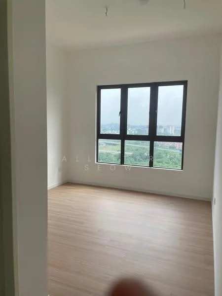 Room features: light wood laminate flooring, white painted walls, floor-to-ceiling windows, city view, no visible furniture, minimalist design, natural light, plain ceiling; style: minimalist; view: city.