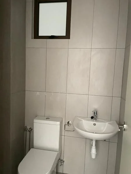 Bathroom features: one-piece toilet, wall-mounted sink, chrome basin mixer faucet, rectangular mirror, light grey tile cladding, small window, toilet paper holder, towel rack; style: modern.