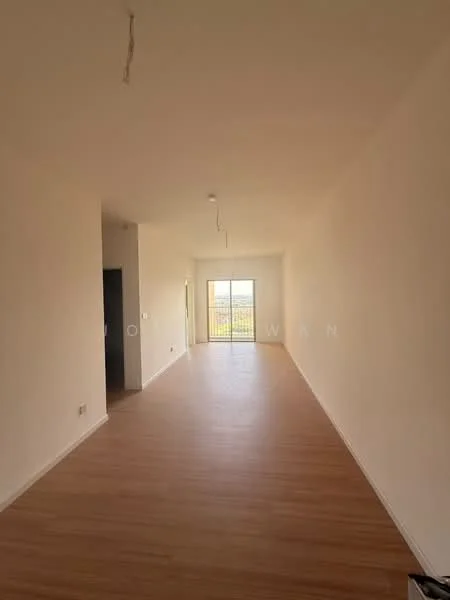 Room features: light wood laminate flooring, white painted walls, large sliding glass door, balcony access, recessed ceiling lights, single pendant light fixture, open layout, floor-to-ceiling windows; style: modern; view: city.