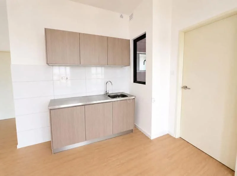 Kitchen features: laminate cabinetry in light wood finish, stainless-steel sink, chrome pull-down faucet, white tiled backsplash, countertop with stainless-steel edge, wall-mounted cabinets, vinyl plank flooring, window for natural light; style: modern.
