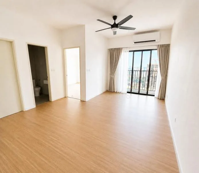 Living features: light wood laminate flooring, white painted walls, 5-blade ceiling fan, wall-mounted split AC, floor-to-ceiling sliding glass door, sheer curtains, balcony access, city view; style: modern; view: city. Room features: white painted walls, light wood laminate flooring, door to bathroom, door to hallway.