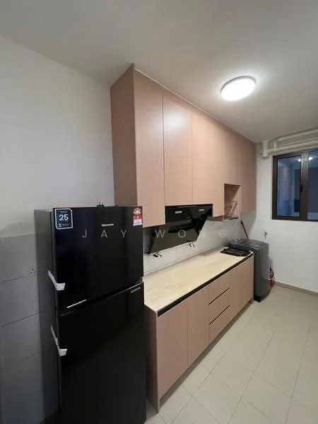Kitchen features: black fridge, built-in oven, stainless-steel sink, chrome pull-down faucet, laminate countertop, light wood cabinetry, wall-mounted range hood, ceramic tile flooring, recessed ceiling light, window with view, grey backsplash, washing machine; style: modern.