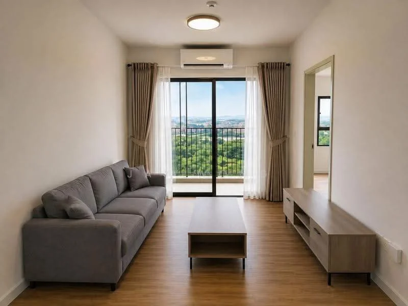 Living features: grey fabric 3-seater sofa, wooden coffee table, TV console, floor-to-ceiling windows, sliding glass door, sheer curtains, wooden flooring, wall-mounted split AC, decorative wall, mountain view; style: modern; view: mountain.