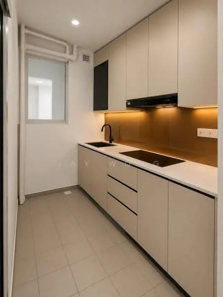 Kitchen features: light beige cabinetry, black countertop, single-bowl stainless-steel sink, black gooseneck faucet, built-in oven, stainless-steel range hood, recessed LED downlights, grey tile flooring, wall-mounted cabinets, backlit under-cabinet lighting, window for natural light; style: modern.