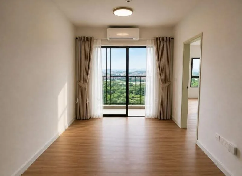 Living features: light wood laminate flooring, white painted walls, floor-to-ceiling sliding glass door, sheer curtains, wall-mounted split AC, recessed ceiling light, balcony view of greenery; style: modern; view: garden.