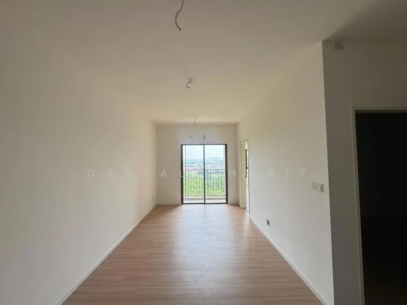 Room features: white painted walls, laminate flooring, floor-to-ceiling windows, sliding glass door, natural light, open space, no visible furniture, neutral color scheme; style: modern; view: city.