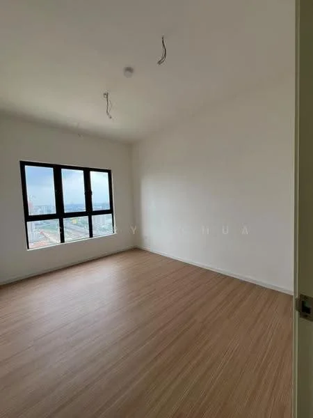 Bedroom features: white painted walls, laminate flooring, floor-to-ceiling windows, unfurnished, no visible ceiling fixtures, city view; view: city.