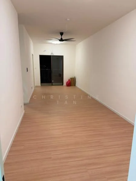 Room features: light wood laminate flooring, white painted walls, ceiling fan, sliding glass door, balcony access, no visible furniture, neutral decor, minimalist design; style: minimalist.
