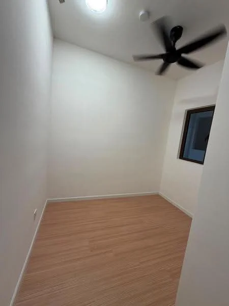 Room features: white painted walls, laminate flooring, ceiling fan, window, light fixture.