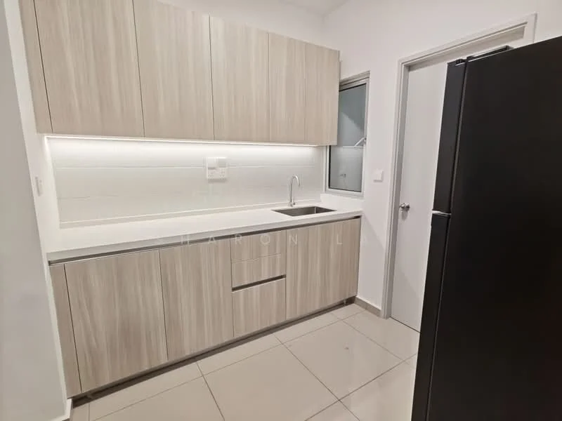Kitchen features: light wood cabinetry, white tiled backsplash, single-bowl stainless-steel sink, chrome faucet, countertop with integrated storage, built-in refrigerator, ceramic tile flooring, recessed LED downlights; style: modern.