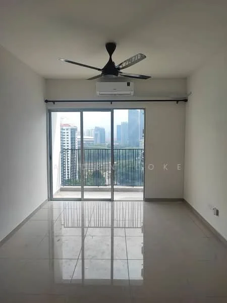 Living features: white painted walls, polished tile flooring, 5-blade ceiling fan with light, floor-to-ceiling sliding glass door, balcony with city view, wall-mounted split AC, neutral color scheme; style: modern; view: city.