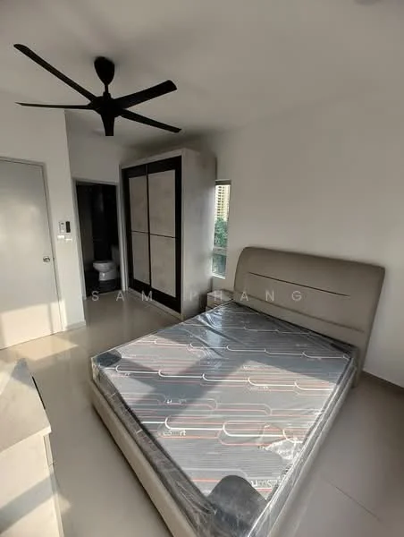Bedroom features: king-size bed with upholstered headboard, 5-blade ceiling fan, floor-to-ceiling window, built-in wardrobe with sliding doors, cream painted walls, tile flooring, natural light from window, decorative wall panel; style: modern; view: city.