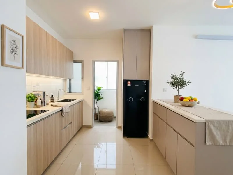 Kitchen features: light wood cabinetry, white tiled backsplash, black refrigerator, single-bowl stainless-steel sink, chrome pull-down faucet, countertop with beige surface, window with natural light, potted plant on windowsill, decorative bowl of fruits, neutral tile flooring, recessed ceiling light; style: modern.