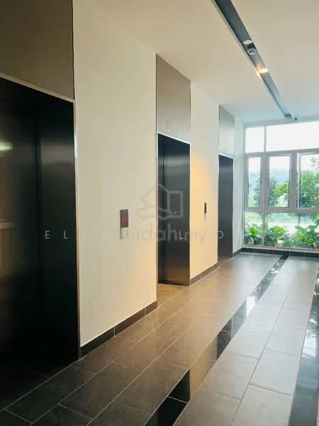Room features: elevator doors, black tiled flooring, white painted walls, large windows, greenery visible outside the windows, modern lighting fixtures, elevator call buttons, horizontal light strip on ceiling; style: modern; view: garden.