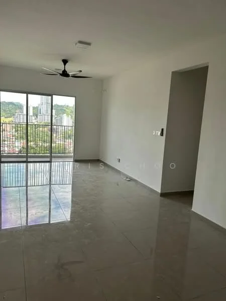 Living features: white painted walls, glossy tile flooring, 5-blade ceiling fan, floor-to-ceiling windows, city view, sliding glass door, natural light, open layout; style: modern; view: city.