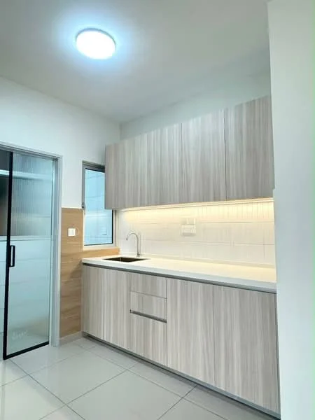 Kitchen features: light wood cabinetry, white countertop, single-bowl stainless-steel sink, chrome pull-down faucet, white tiled backsplash, recessed LED downlights, sliding glass door, white ceramic tile flooring; style: modern.