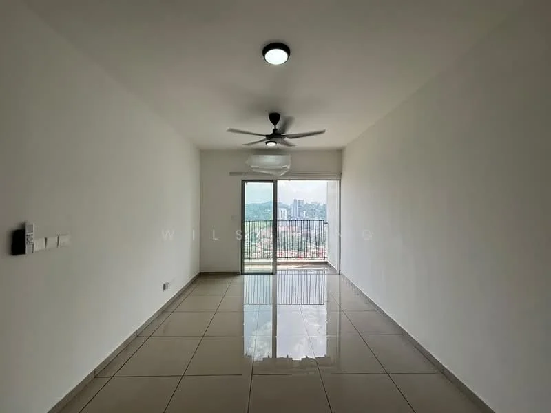 Living features: white painted walls, glossy ceramic tile flooring, 5-blade ceiling fan with light, floor-to-ceiling sliding glass door, city view, roller blinds, recessed ceiling lights; style: modern; view: city.