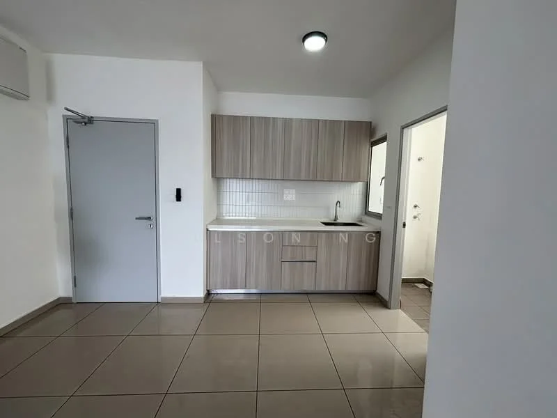 Kitchen features: light wood cabinetry, white tiled backsplash, single-bowl stainless-steel sink, chrome pull-down faucet, built-in countertop, ceramic tile flooring, recessed downlights, wall-mounted split AC, open layout, neutral wall color; style: modern.