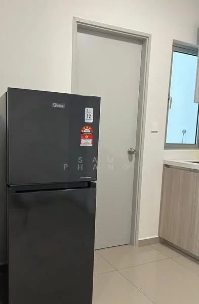Room features: black fridge, grey cabinet, light-colored countertop, white walls, grey tiled flooring, window with natural light, door to another room; style: modern.