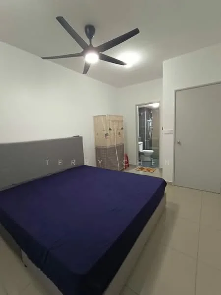 Bedroom features: queen-size bed with grey upholstered headboard, blue bedspread, white painted walls, ceiling fan with light, tile flooring, built-in wardrobe, door leading to bathroom, bathroom visible in background; style: modern.