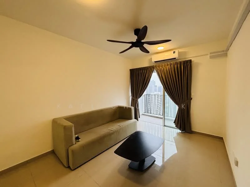 Living features: beige fabric sofa, black coffee table, floor-to-ceiling windows, curtains in brown, 5-blade ceiling fan with light, wall-mounted split AC, cream painted walls, tile flooring; style: modern; view: city.