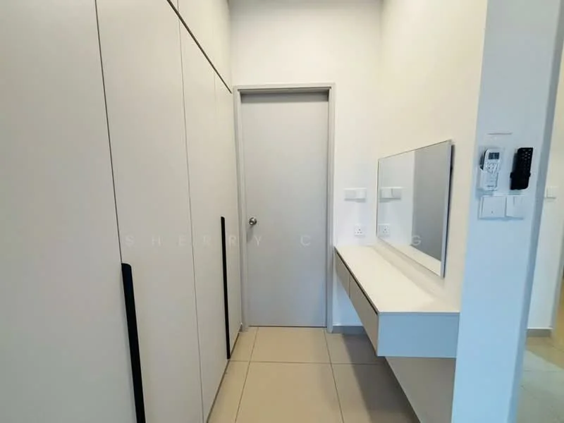 Room features: white painted walls, light grey floor tiles, built-in wardrobe with sliding doors, mirror above console table, console table with drawer, plain door, intercom panel, wall-mounted light switch; style: modern.