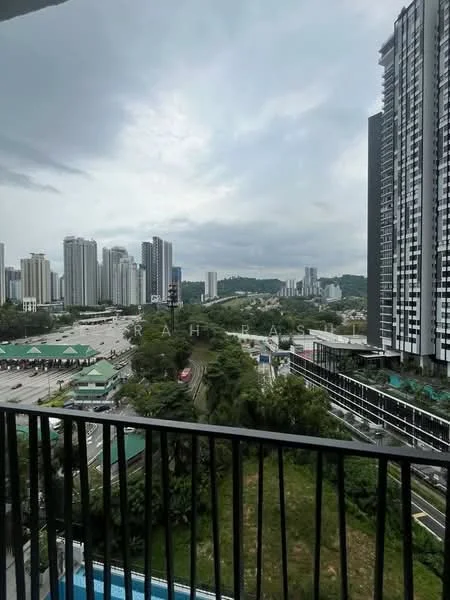 Exterior type: high-rise condominium; features: city skyline view, surrounded by high-rise buildings, greenery in the foreground, road visible in the foreground, parking area visible, cloudy sky; style: modern.