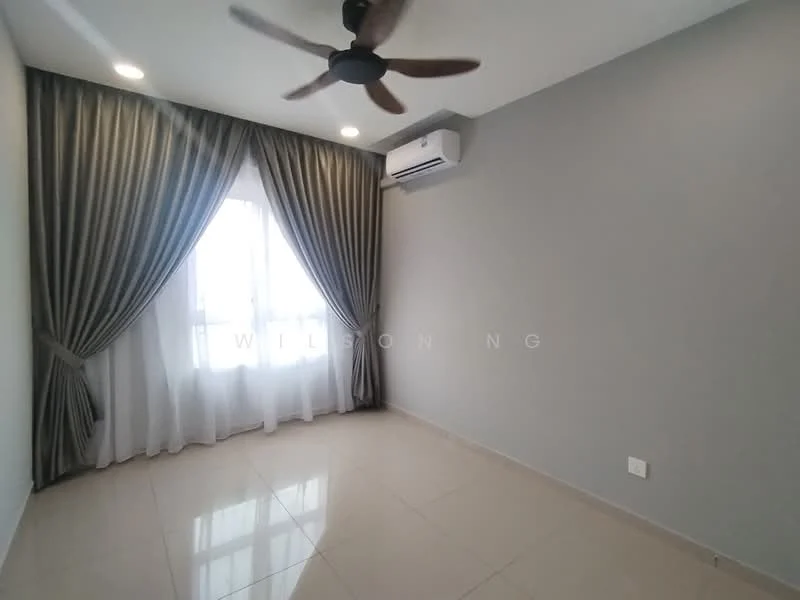 Room features: grey painted walls, floor-to-ceiling window with sheer curtains, 5-blade ceiling fan, wall-mounted split AC, glossy tile flooring, neutral color scheme; style: modern.