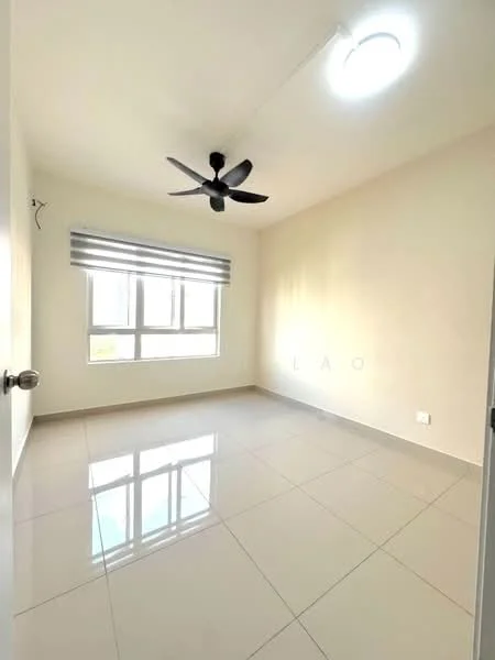 Bedroom features: white painted walls, glossy ceramic tile flooring, 5-blade ceiling fan, floor-to-ceiling windows, roller blinds, natural light, light fixture, neutral color scheme; style: modern.