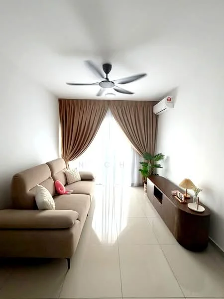Living features: 3-seater fabric sofa in beige, ceiling fan with integrated light, wall-mounted split AC, floor-to-ceiling windows with sheer curtains, light-colored walls, glossy tile flooring, wooden TV console, decorative table lamp, decorative cushions, curtains in brown, wall-mounted decor, area rug; style: modern.