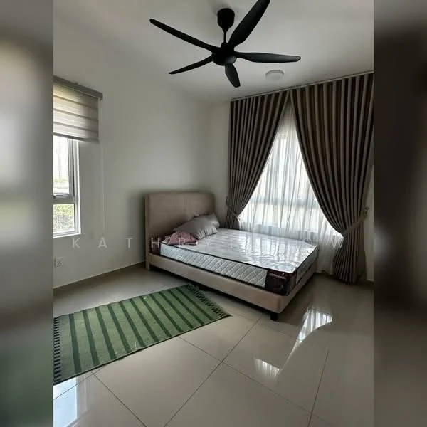 Bedroom features: queen-size bed, upholstered headboard, bedside lamps, floor-to-ceiling windows, sheer curtains, striped curtains, 5-blade ceiling fan, green area rug, glossy tile flooring, white painted walls; style: modern.