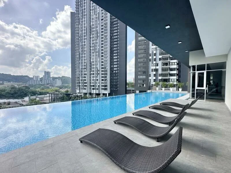 Exterior type: high-rise condominium; features: infinity pool, pool deck with loungers, glass railing, tiled flooring, surrounded by greenery, city skyline view, modern architectural design, large windows, outdoor seating area; style: modern.